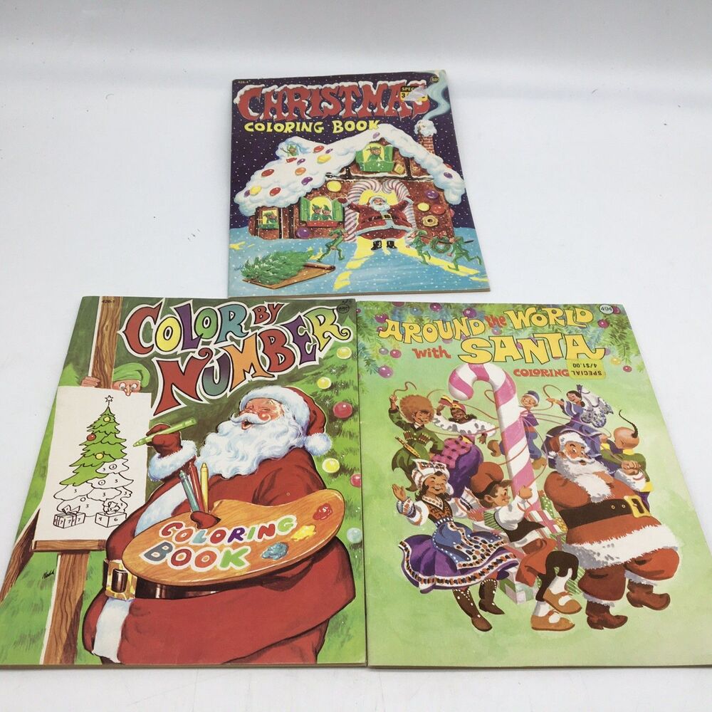 3 Vtg  Christmas Coloring Books 1970s 1980s  Santa Claus Xmas Around World READ